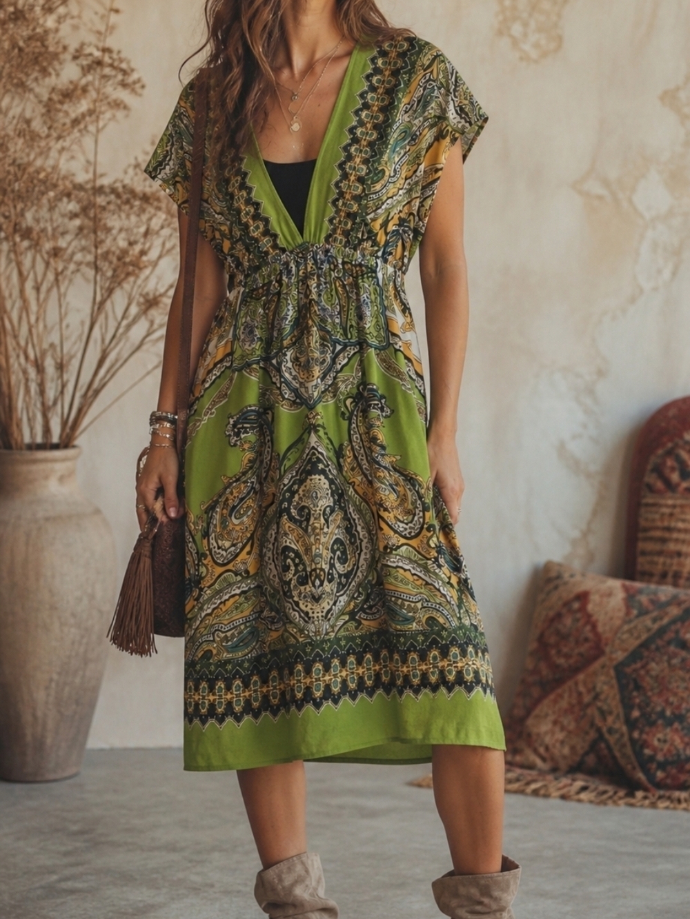 4/$15 Green Paisley V-Neck Midi Dress by New Directions Boho Summer